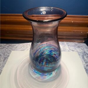 Hand-blown art glass vase, purple upper half and a multi-colored swirl design